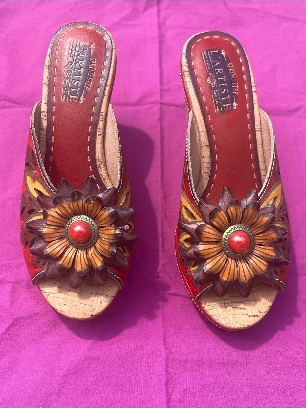 L’Artiste Red Leather Floral Slide Sandals
